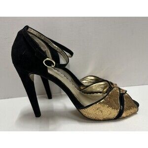 Lulu Townsend women size 10M black with gold glitter ankle straps heel sandals